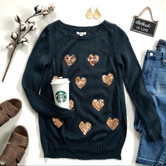 LC Lauren Conrad Sweaters - Lauren Conrad Teal Gold Heart Sequin Sweater